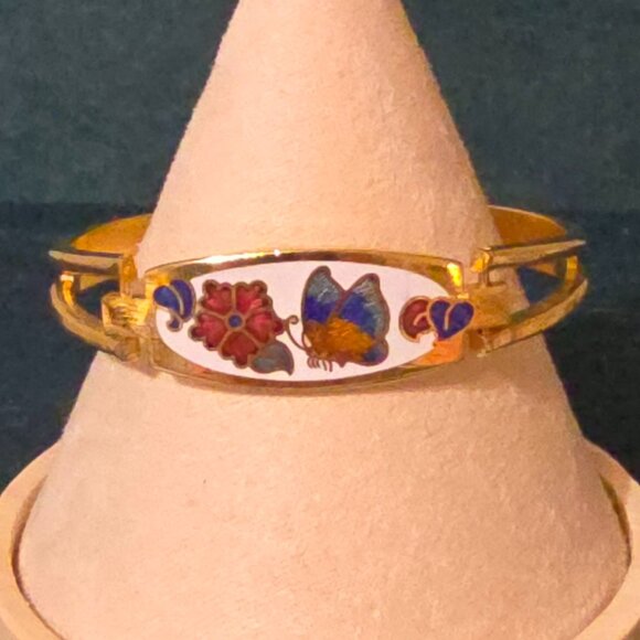 Jewelry - Vintage Enamel Cloisonne Butterfly and Flower Clamper Cuff Bracelet